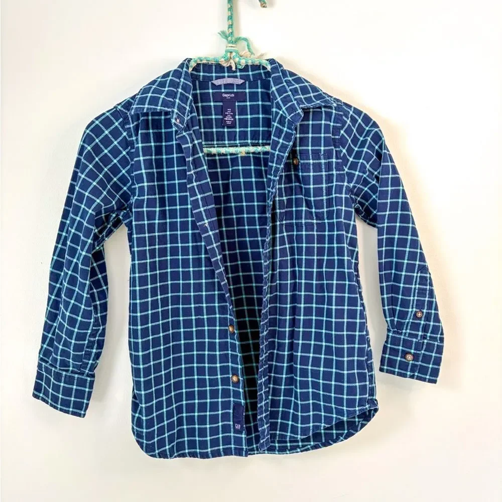 Gap Kids Blue Plaid Button Down Shirt S | Boys Flannel Style Long Sleeve